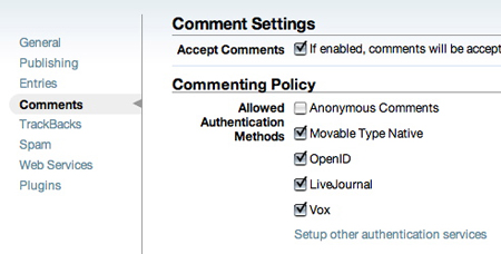 Commenting Policy の設定画面