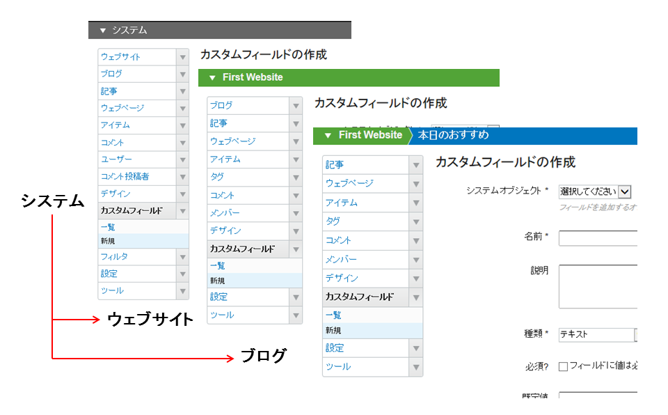 カスタムフィールドはシステム、ウェブサイト、ブログで作成