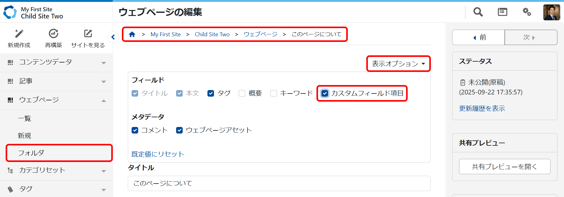 ウェブページのカスタムフィールド