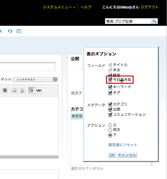 [記事作成] [表示オプション] フィールドの順序変更